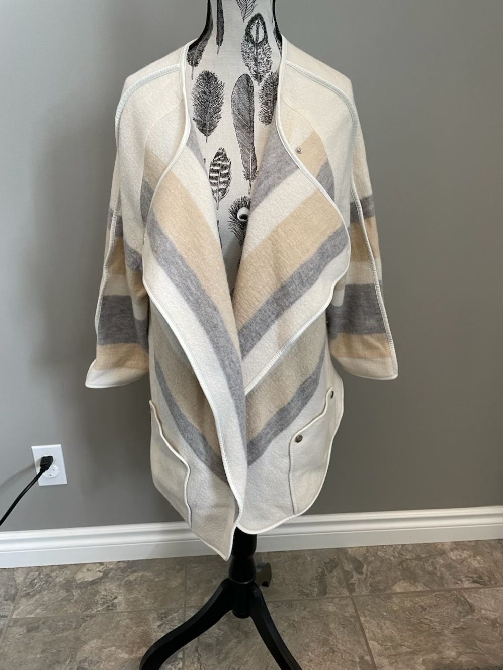 Chico's Cream, Gray & Tan Striped Open-Front Cardigan